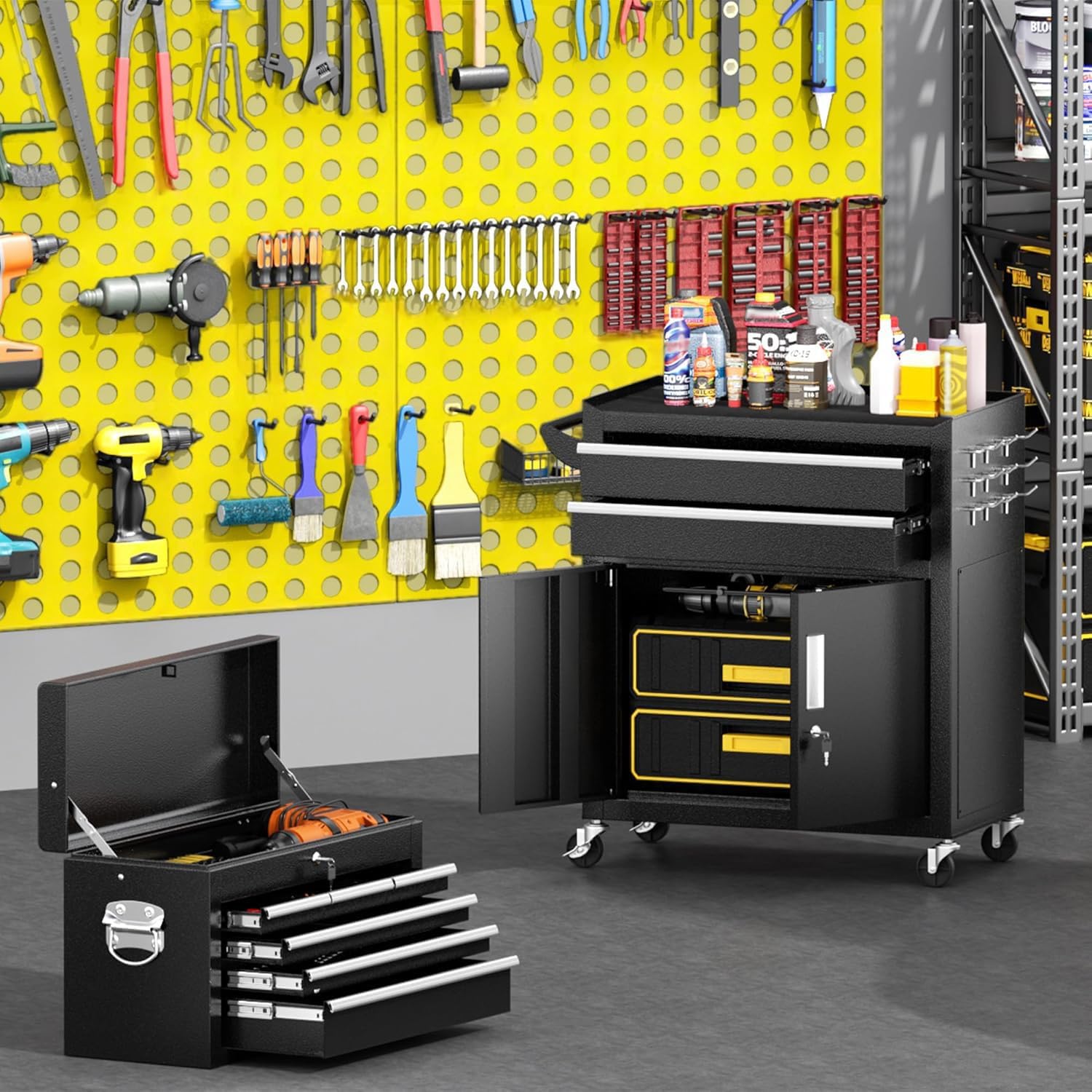 Greenvelly Tool Chest, 8-Drawer Rolling Tool Chest with Wheels, Detachable Top Tool Box, Assembled Tool Chest with Liner & Hooks, Rolling Tool Box for Garage, Workshop, Warehouse, Black