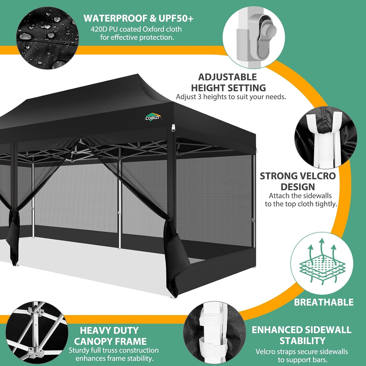 COBIZI 10x20 Heavy Duty Pop up Canopy with 6 Sidewalls, Canopy Tent with Mosquito Netting, Easy up Screen Party Tent for Parties Wedding Outdoor Patio Commercial Gazebo with Roller Bag, Black
