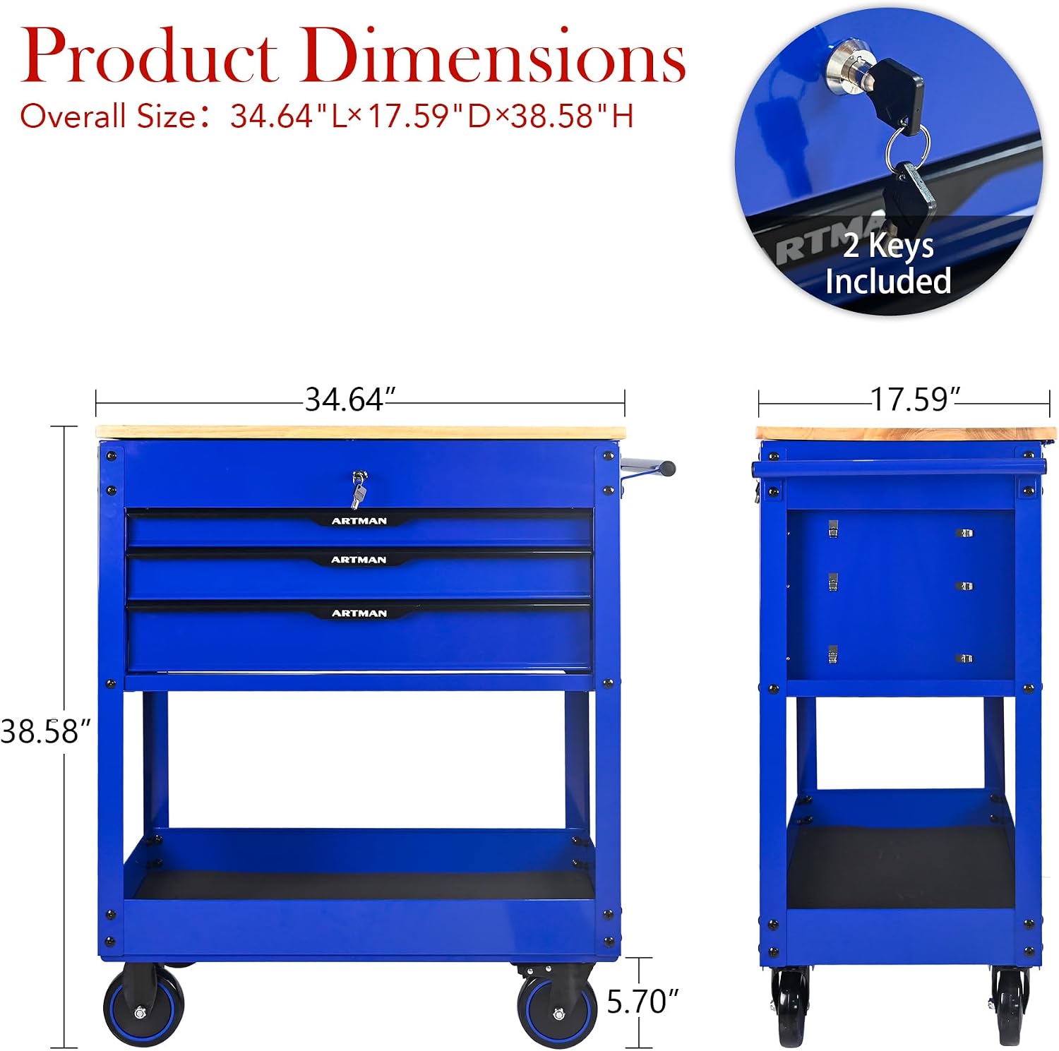 3 Drawers Tool Cart on Wheels,Tool Storage Box with Wooden Top,Drawers Rolling Tool Box Organizer Tool Case for Garage,Warehouse,Workshop,Repair Shop (3 Drawers-38.5' H-Blue&Black)