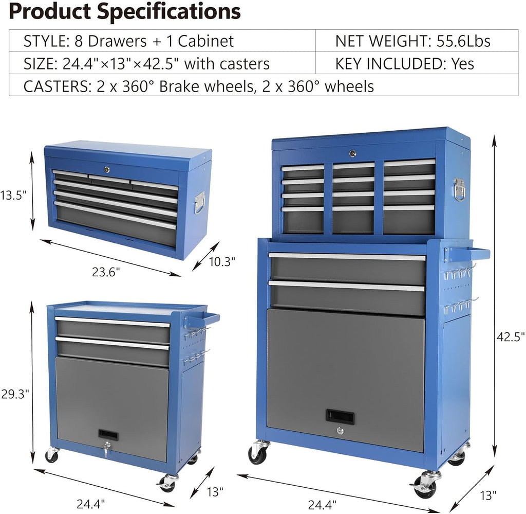 HRVEOCEI Rolling Tool Chest with Drawers, Metal Tool Cabinet on Wheels with Detachable Top Tool Box, 8-Drawer Tool Cart with Adjustable Shelf and Locking Mechanism (8-Drawer Blue+Grey)