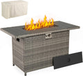 Tangkula 44.5 Inch Propane Fire Pit Table, Outdoor Rattan Gas Firepit with Metal Slatted Tabletop & Stainless Steel Burner, Rectangle Fire Pit with Lava Rocks & Protective Cover for Outside Patio