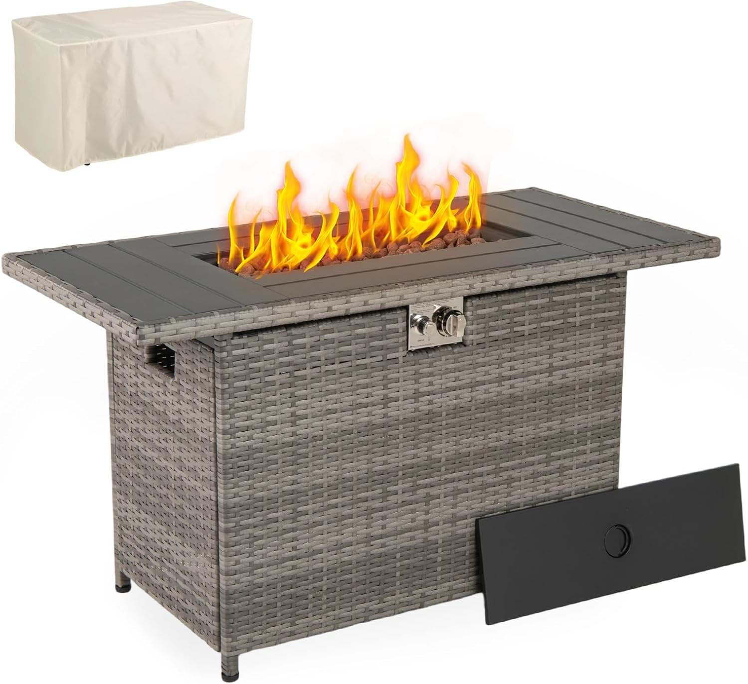 Tangkula 44.5 Inch Propane Fire Pit Table, Outdoor Rattan Gas Firepit with Metal Slatted Tabletop & Stainless Steel Burner, Rectangle Fire Pit with Lava Rocks & Protective Cover for Outside Patio