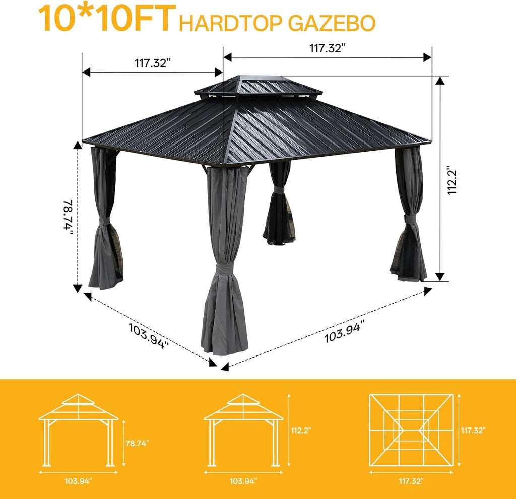 10x10 Hardtop Aluminum Gazebo, Outdoor Metal Gazebo with Netting & Curtains - Heavy Duty Iron Roof for Patios, Waterproof & Snow Load Resistant (Double Hardtop with Curtain & Netting)