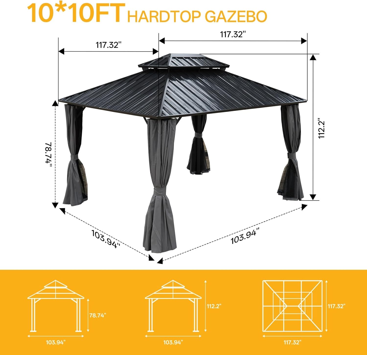 10x10 Hardtop Aluminum Gazebo, Outdoor Metal Gazebo with Netting & Curtains - Heavy Duty Iron Roof for Patios, Waterproof & Snow Load Resistant (Double Hardtop with Curtain & Netting)