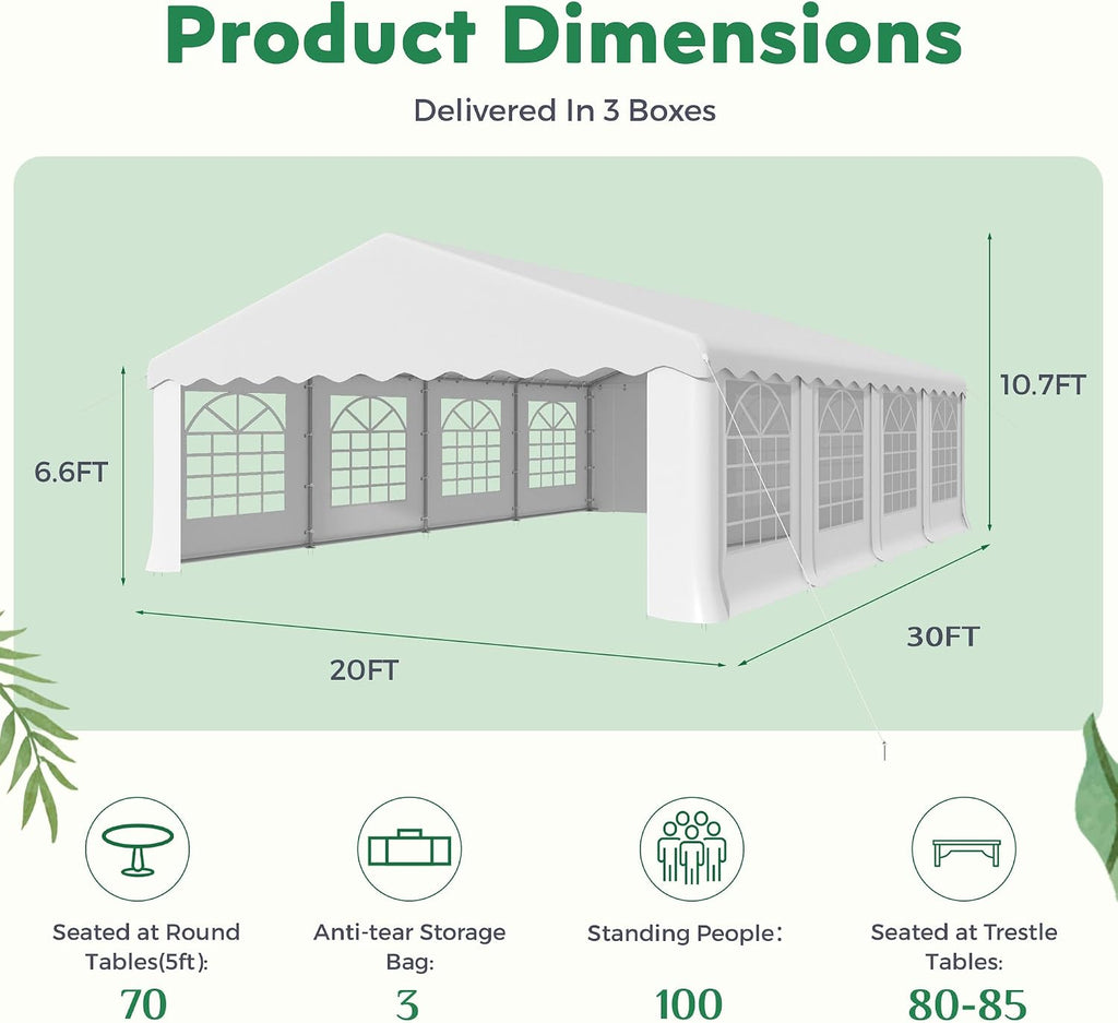EROMMY 20x30ft Party Tent, Heavy Duty Large Wedding Canopy Outdoor Carport with 8 Removable Sidewalls, 2 Roll-up Doors, 3 Storage Bags, Gazebo Shelter Tent for Party Event Commercials, White