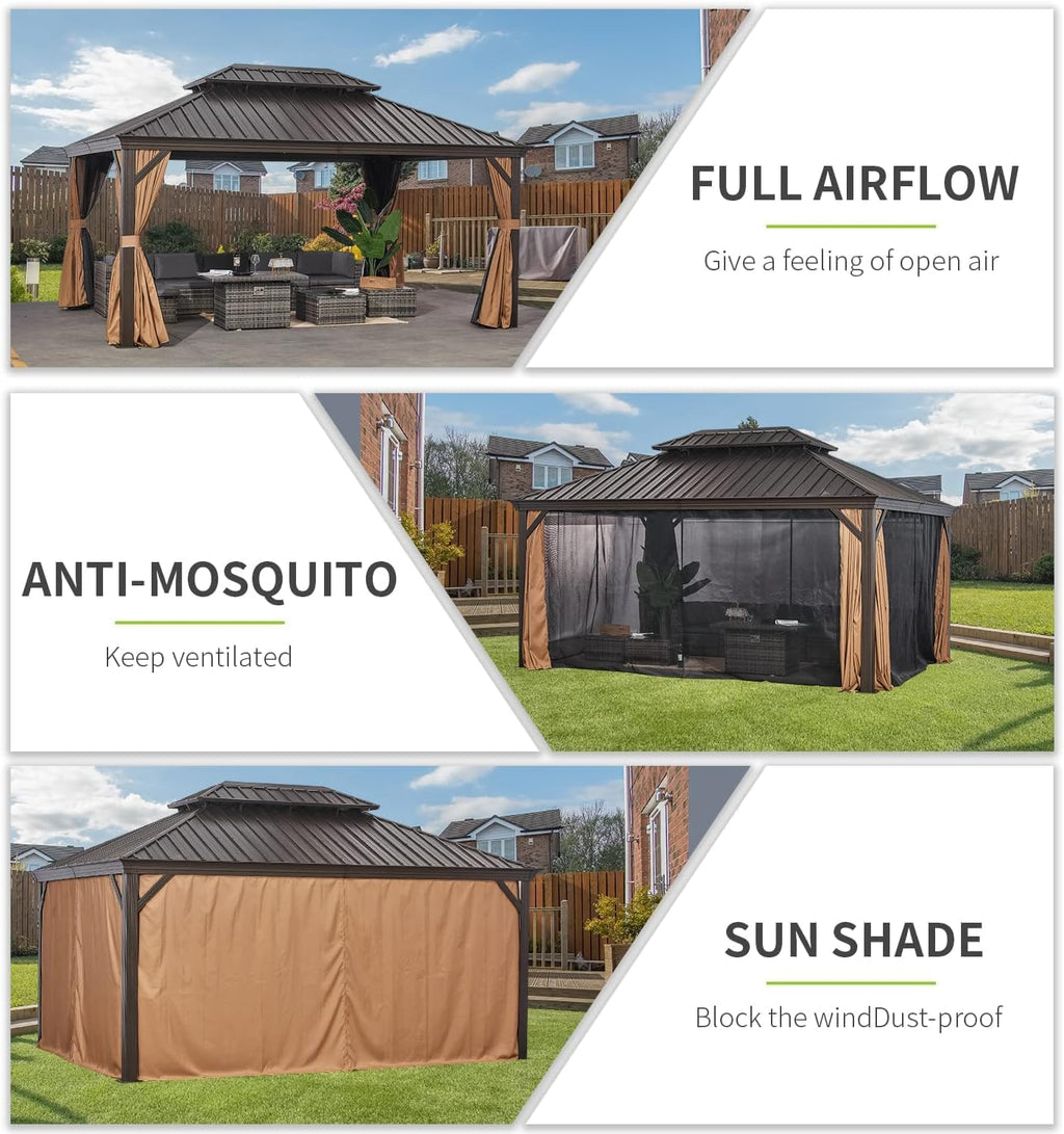 oneinmil 12' X 16' Permanent Hardtop Gazebo Aluminum Gazebo, Galvanized Steel Double Roof for Patio Lawn and Garden, Brown Curtains and Netting Included