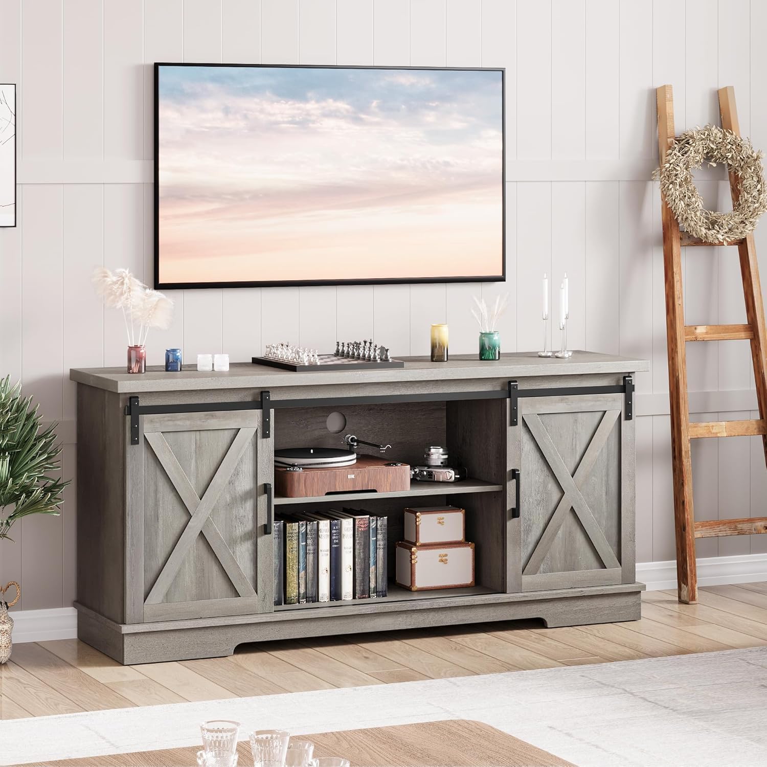 Farmhouse TV Stand for TVs up to 65', Modern Entertainment Center with Sliding Barn Doors & Adjustable Shelves, TV Console for Living Room, Heavy Duty 220lbs Load (Grey)