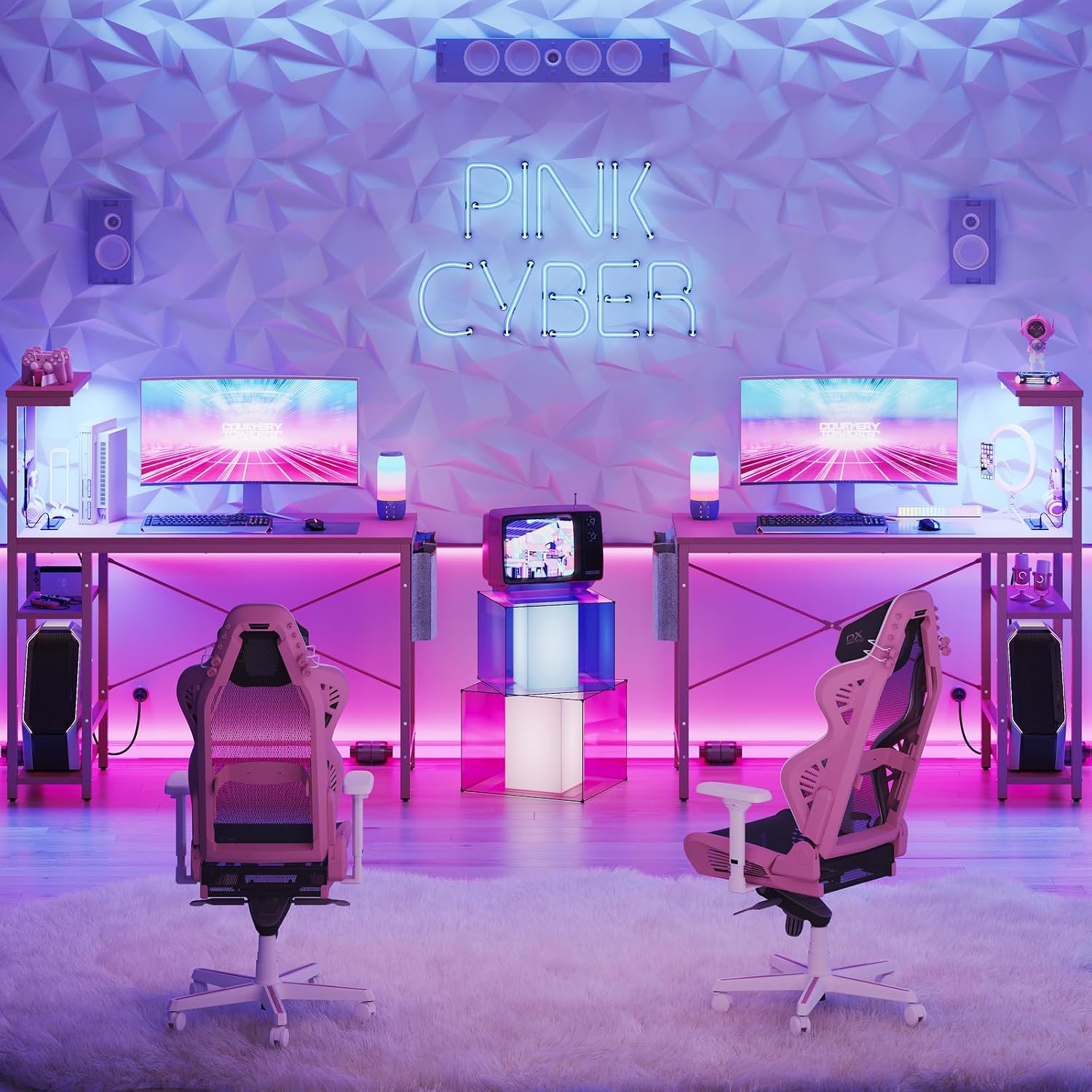 Bestier Pink Gaming Desk with Power Outlets, 44 Inch Led Gamer Desk with 4 Tiers Reversible Shelves, Computer Desk with Headset Hook & Side Storage Bag for Bedroom (Pink 3D Carbon Fiber)