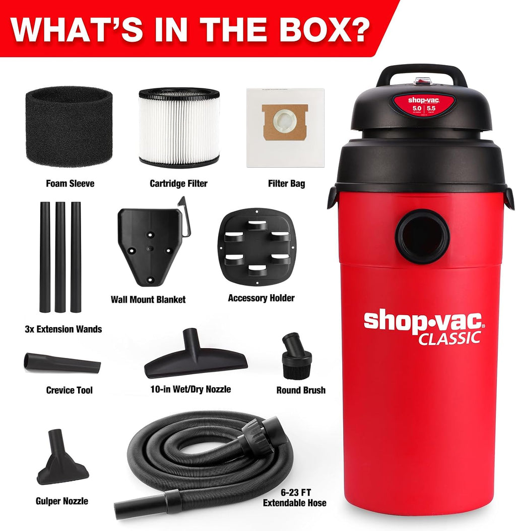 Shop-Vac 5 Gallon 5.5 Peak HP Wet/Dry Vacuum, Wall Mountable Compact Shop Vacuum with 18+7Ft Long Hose & Attachments, Ideal for Jobsite, Garage, Car & Workshop. 9522236