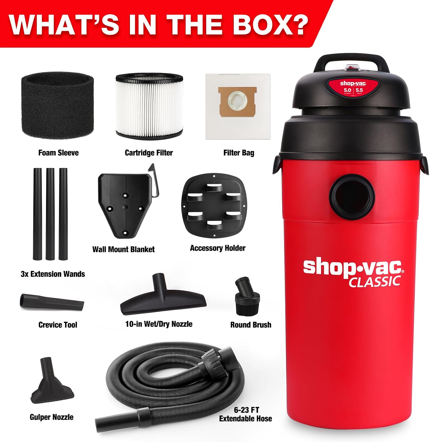 Shop-Vac 5 Gallon 5.5 Peak HP Wet/Dry Vacuum, Wall Mountable Compact Shop Vacuum with 18+7Ft Long Hose & Attachments, Ideal for Jobsite, Garage, Car & Workshop. 9522236