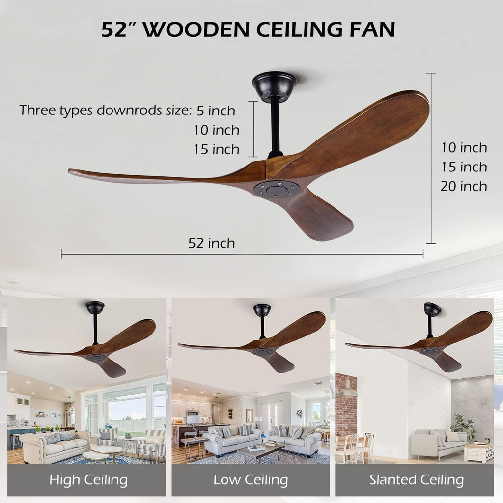 52 Inch Ceiling Fan No Light ，Wood Outdoor Ceiling Fans for Patios Living Room Bedroom 3 Blade Propeller Modern Ceiling Fan Without Light with remote Control(Walnut)