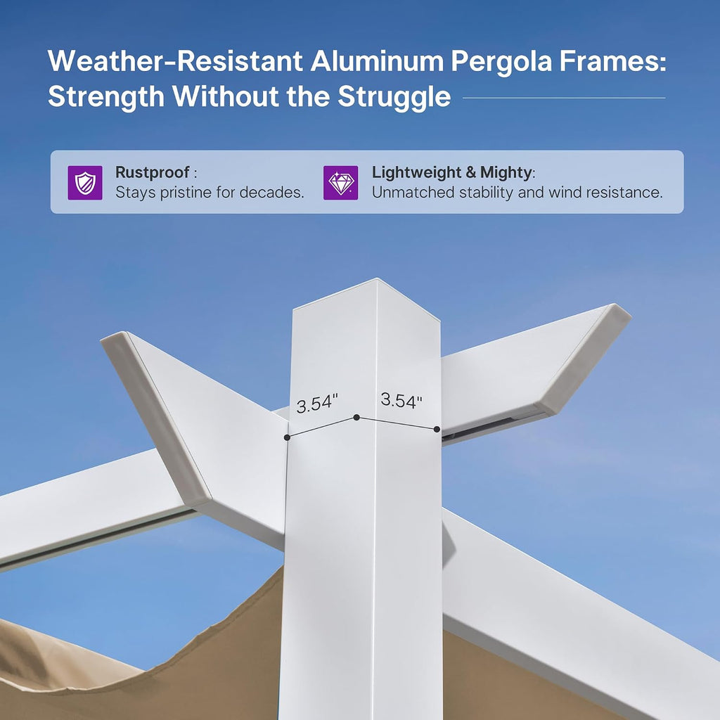 PURPLE LEAF 10' x 13' Aluminum Outdoor Pergola White Retractable Pergola with Double Sun Shade Canopy Wind-Resistant Heavy-Duty Metal Pergola for Patios Deck Backyard Garden, Khaki