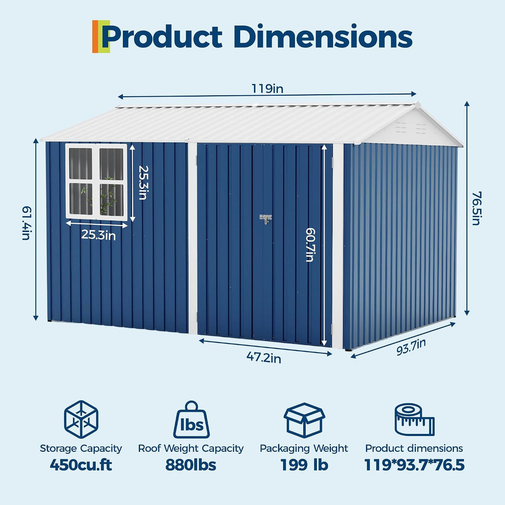 Garvee 10X8 FT Storage Shed with Cross Windows & Double Doors, 450 Cu Ft Large Outdoor Tool Shed, Garden Shed for Riding Mower, Bike, Lawn Equipment - All Weather Meta