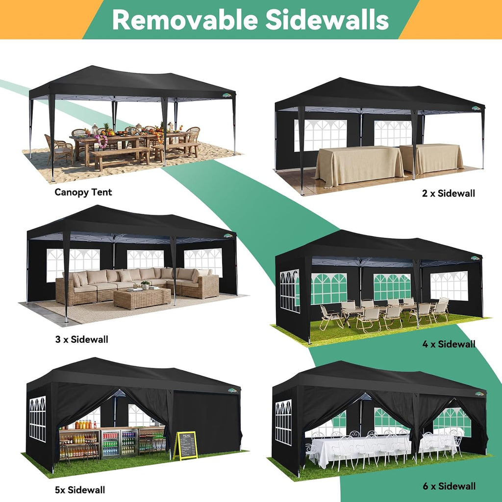 COBIZI 10x20 Canopy Tents for Parties 10x20ft Easy Setup Pop up Tents with Sidewalls & One Push Lock Waterproof Outdoor Large Shelter Party Tent for Wedding Car Port Events Patio Gazebo(Black)