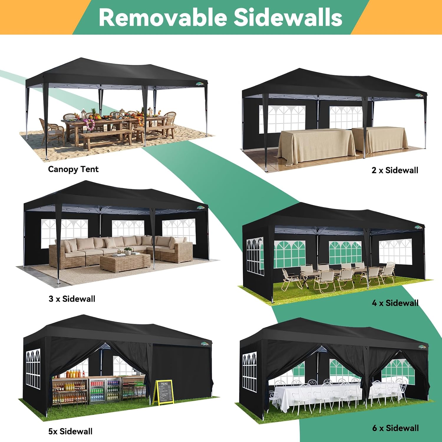 COBIZI 10x20 Canopy Tents for Parties 10x20ft Easy Setup Pop up Tents with Sidewalls & One Push Lock Waterproof Outdoor Large Shelter Party Tent for Wedding Car Port Events Patio Gazebo(Black)