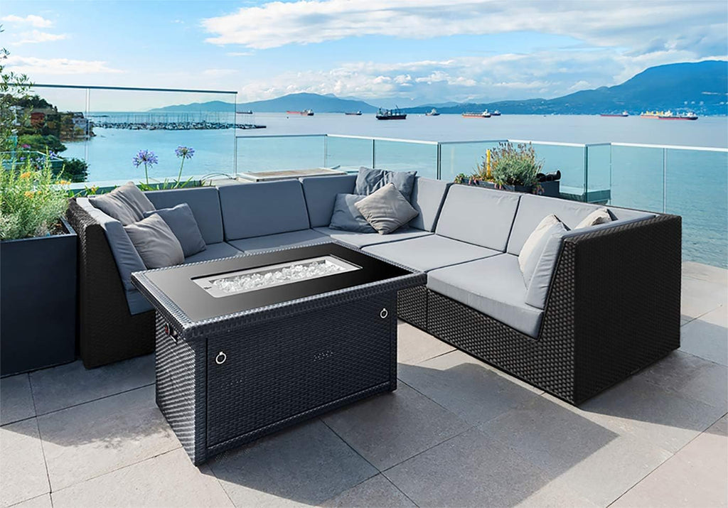 Outland Living Series 403 Fire Table – 44' 50,000 BTU Outdoor Propane Gas Fire Pit Table with Tempered Glass Top & Arctic Ice Decorative Glass Rocks, Slate Grey