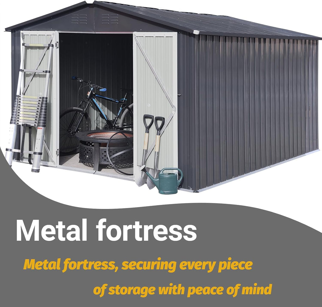 Shed with Windows,Large Metal Outdoor Storage Shed, Lockable Tool Storage shed, Steel Garden shed, Suitable for Backyard, Terrace, and Poolside (Dark Grey, 10FTx8FT)