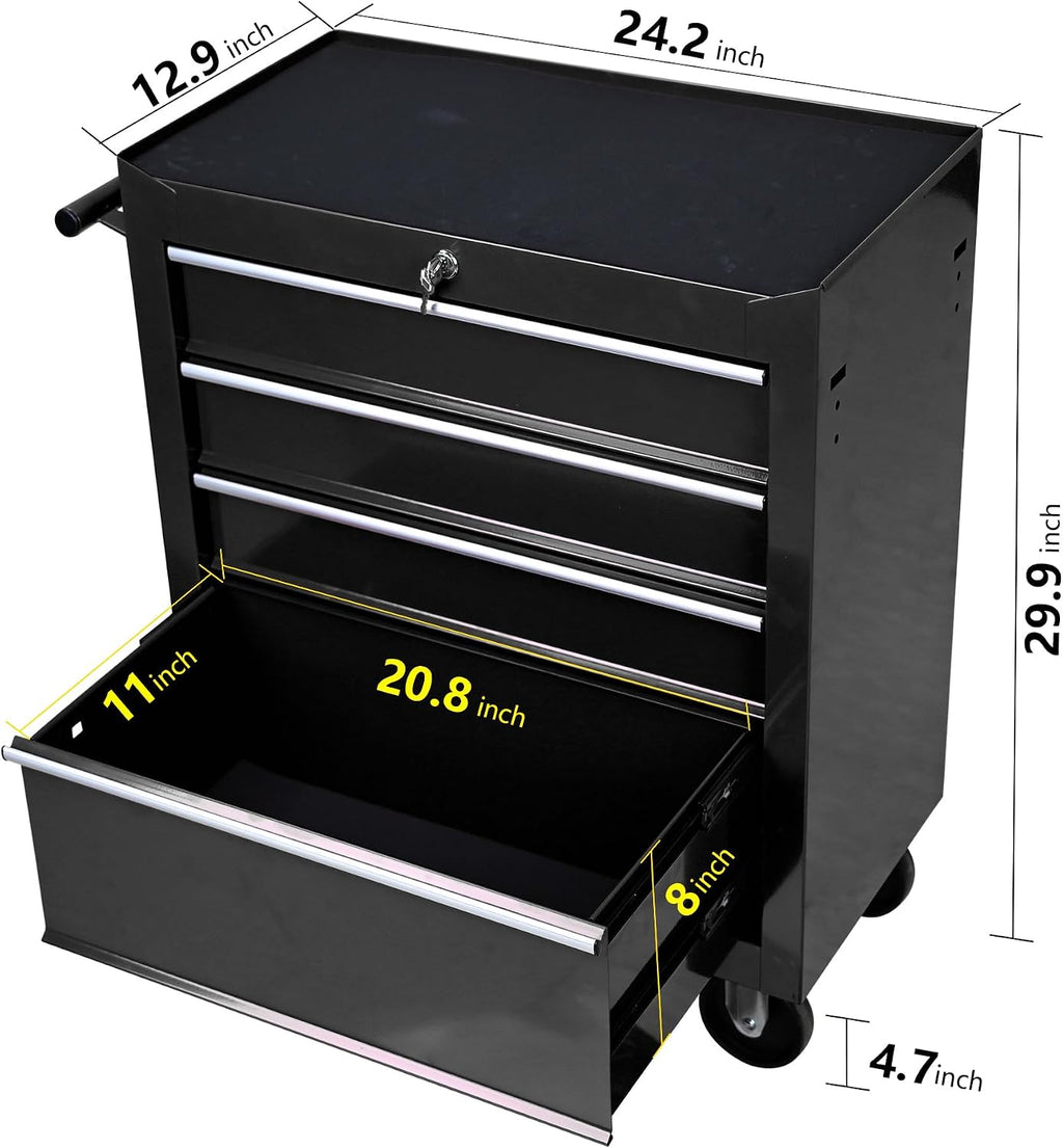 Campfun Rolling Tool Box, 4-Drawer Metal Tool Cart with Hanging Box, Storage Organizer Trolley with Interlock System, Multifunctional Mechanic for Garage, Warehouse, Workshop, Repair Shop, Black