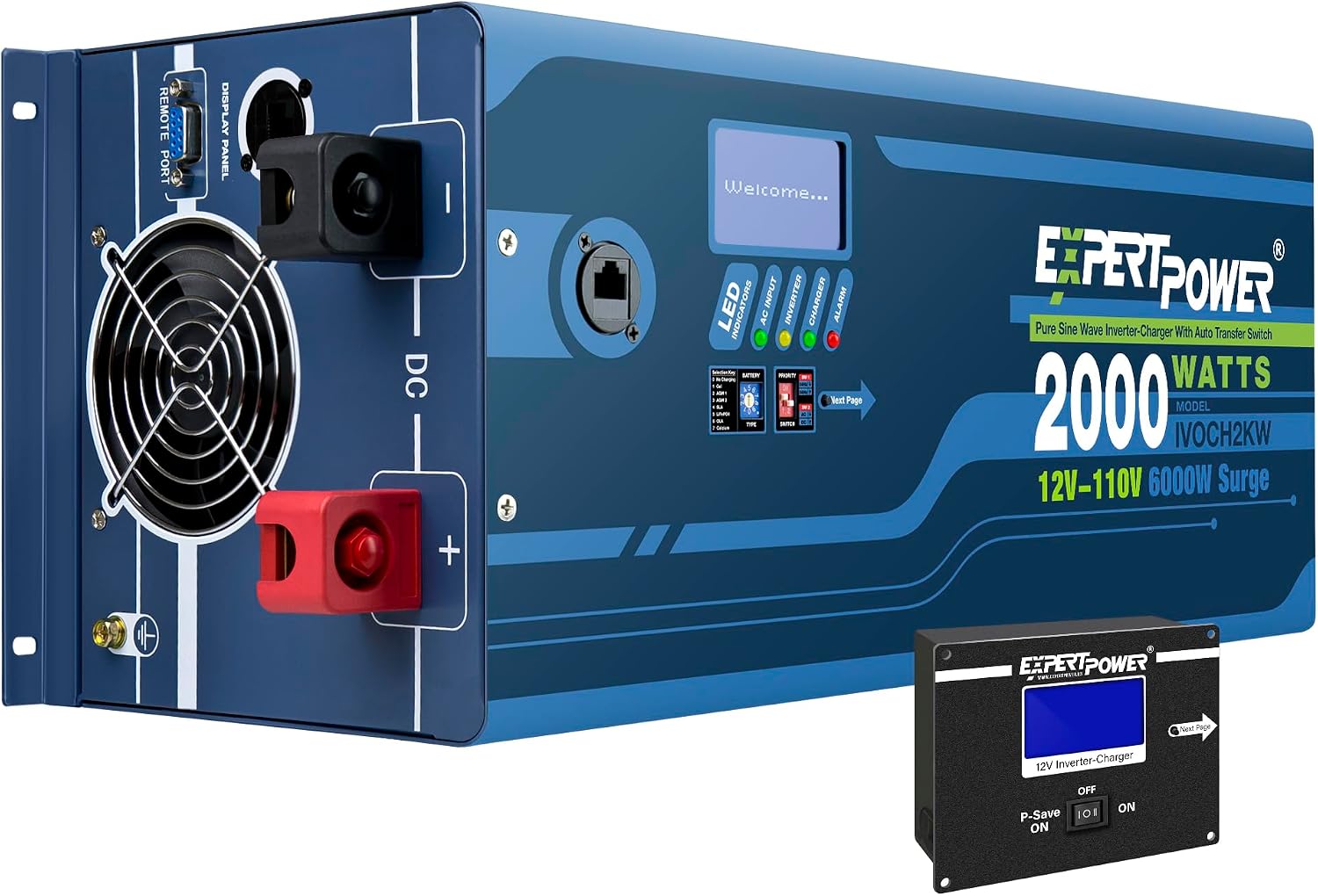 ExpertPower 2000W Pure Sine Wave Inverter Charger | Peak 6000W | DC 12V - AC 110V | LifePO4/ Lithium Battery Compatible | Auto Transfer Switch | External Display