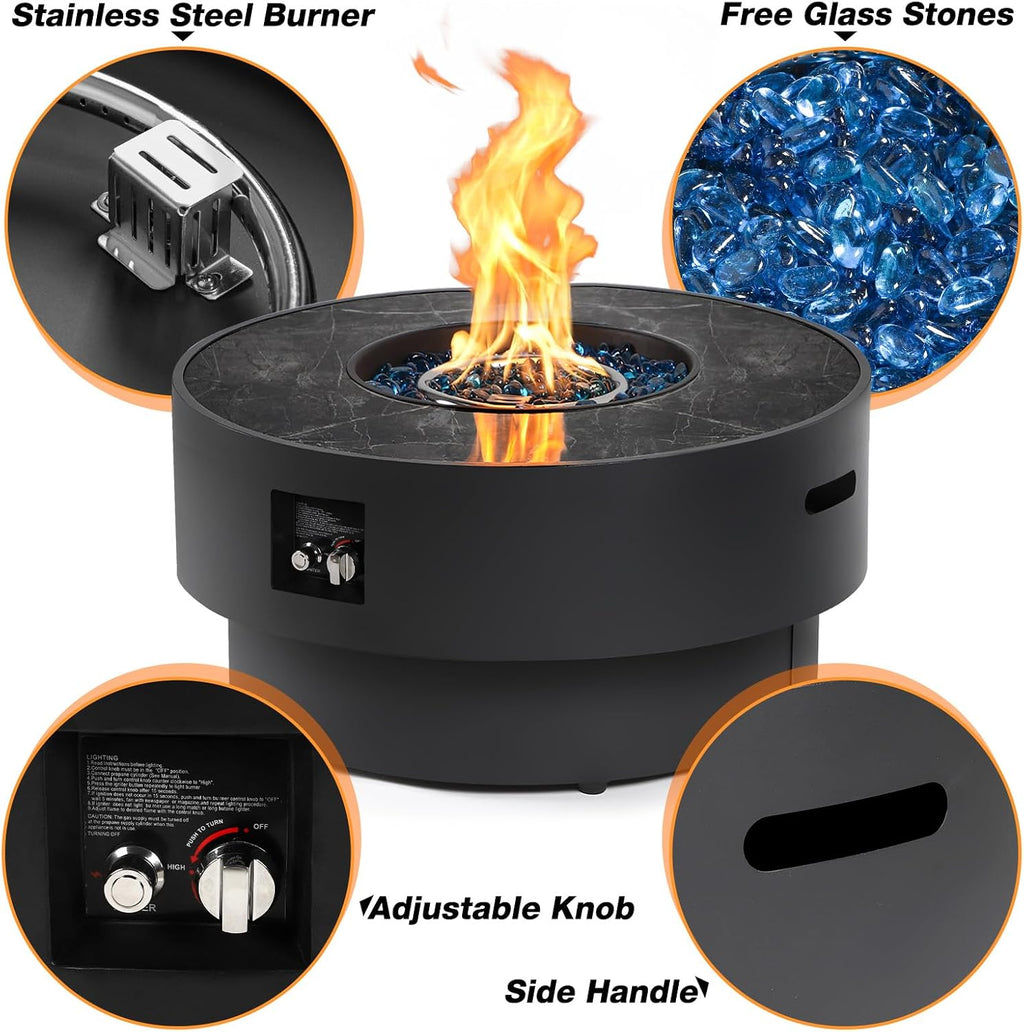 32' Outdoor Propane Fire Pit Table, 50,000 BTU Gas Fire Table with Tank Cover, Marble-Look Ceramic Top, Steel Lid, & Rain Cover, Round Patio Firepit for Backyard, Garden, Party