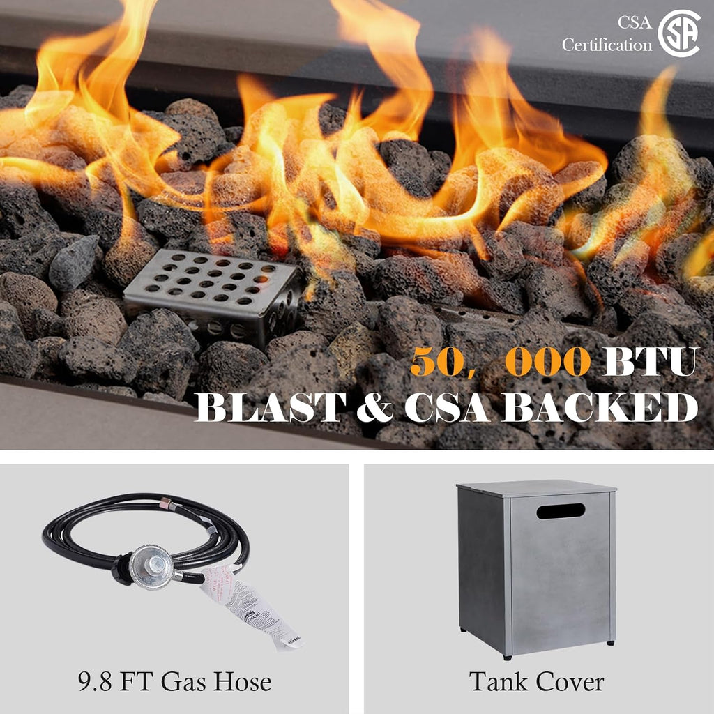 48'' Propane Fire Pit Table, 50,000BTU Rectangle Firepit Table, 3-in-1 Outdoor Fire Table with Tank Hidden Table for Outside Patio, Backyard, Grey