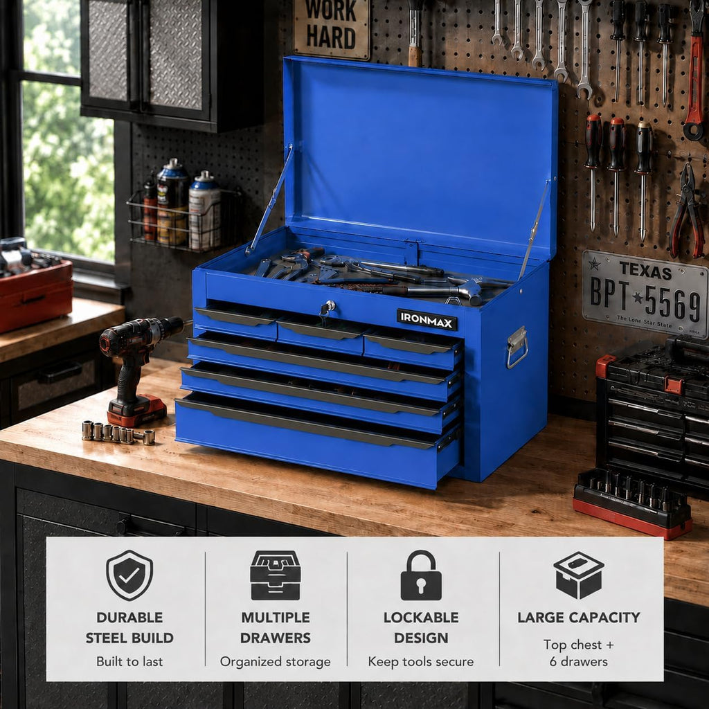 ARNOT Large Metal Tool Box, Tool Box with 6 Drawers & Top Tray, Heavy-Duty Steel Tool Chest with Auto-Locking Drawers and Side Handles for Garage & Workbench (Blue)