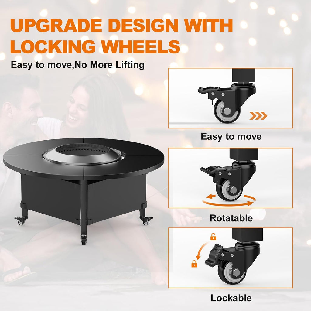 Fire Pit Surround Tabletop for Solo Stove Bonfire,Foldable Surround Table with Wheels for Safety & Easy Clean,42' Powder-Coated Steel Wood Burning Stove Surround Table Top,Accessories for Solo Stove