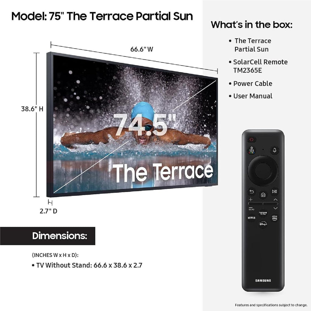 Samsung 75-Inch Class Neo QLED 4K The Terrace Partial Sun, Quantum HDR+, Dolby Atmos, Wide Viewing Angle, Weather Resistant, (QN75LST7DAFXZA, 2024 Model) (Renewed)