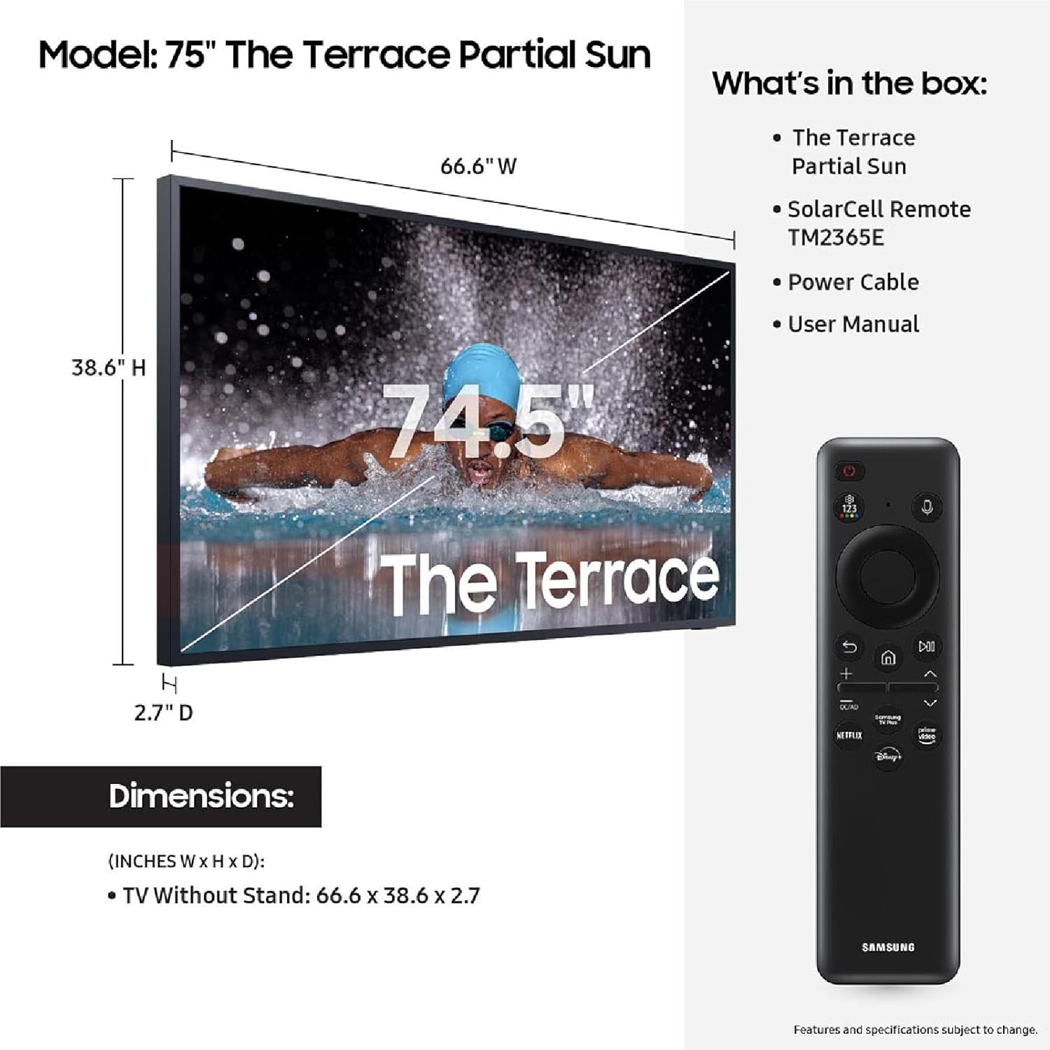 SAMSUNG 75-Inch Class Neo QLED 4K The Terrace Partial Sun, Quantum HDR+ (QN75LST7DAFXZA, 2024 Model) 75-Inch The Terrace Outdoor Smart TV Dust Cover with Protective Lining, VG-SDCC75G