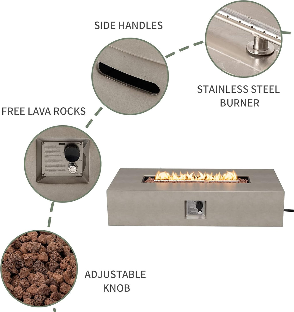 COSIEST 56-inch x 28-inch Outdoor Propane Fire Pit Coffee Table w Concrete Rectangle Base, Certified, 50,000 BTU, Free Lava Rocks and RainCover, Fits 20lb Tank Outside(Gray)