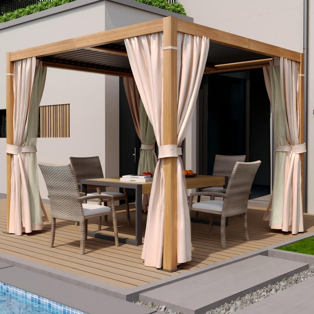 HAPPATIO Louvered Pergola 10' x10' Outdoor, Woodgrain-Look Aluminum Frame with Adjustable Rainproof Roof, Patio Pergola with Curtains and Mosquito Nets, Aluminum Frame for Patio, Backyard, Deck