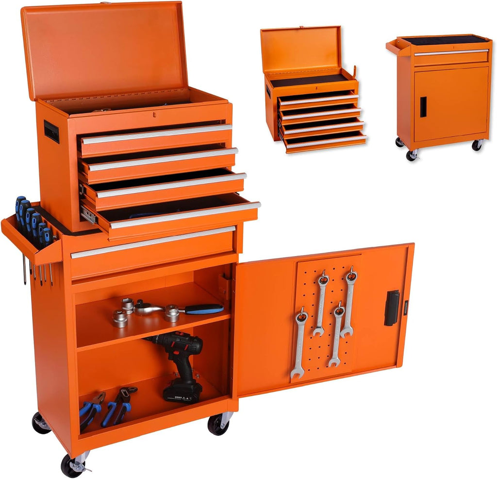 5 Drawers Metal Tool Cart on Wheels with 1 Cabinet, Multifunctional Rolling Tool Storage Cabinet Organizer Set w/Removable Top Tool Box for Garage,Warehouse,Workshop,Repair Shop (Orange)