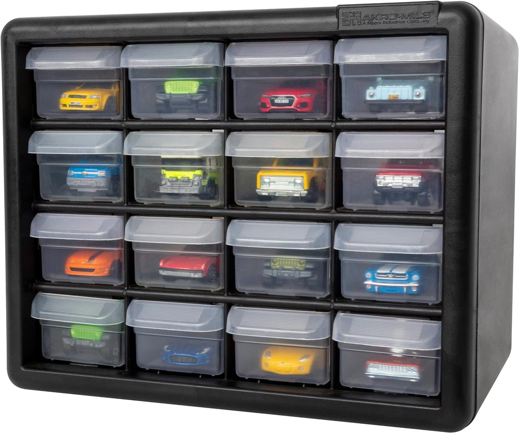 Akro-Mils 16-Drawer Plastic Cabinet for Garage Organization, Beads, Makeup Organizer, Building Bricks Storage, Teacher Toolbox, 10-1/2' W x 6-1/2' D x 8-1/2' H, 10716 Black (Pack of 4)
