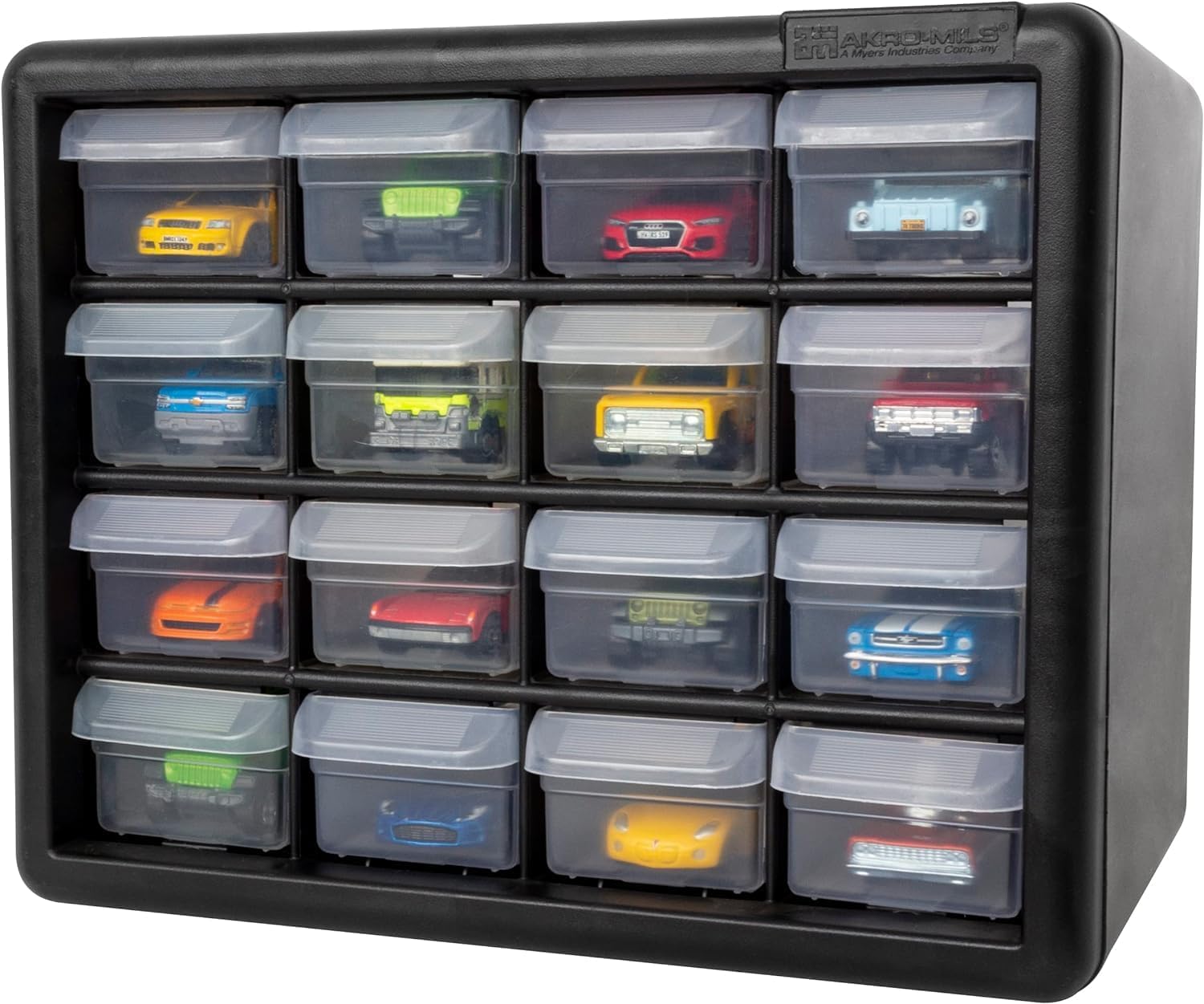 Akro-Mils 16-Drawer Plastic Cabinet for Garage Organization, Beads, Makeup Organizer, Building Bricks Storage, Teacher Toolbox, 10-1/2' W x 6-1/2' D x 8-1/2' H, 10716 Black (Pack of 4)