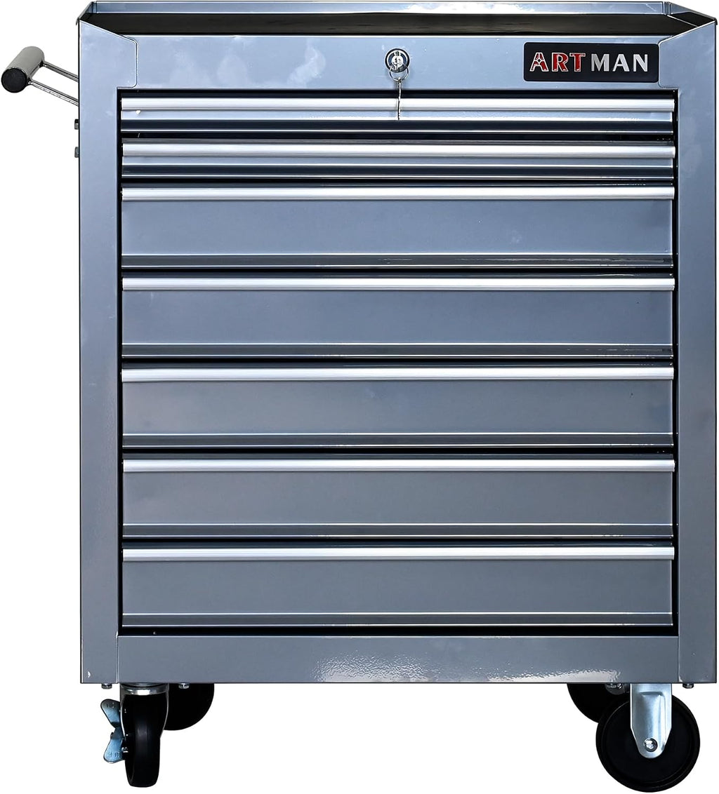 Rolling Tool Chest with 7-Drawer Tool Box with Wheels Multifunctional Tool Cart Mechanic Tool Storage Cabinet for Garage, Warehouse, Workshop, Repair Shop (Silver)