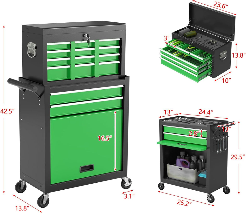 High Capacity Rolling Tool Boxes with Wheels and Drawers, 8-Drawer Storage Cabinet,Detachable Organizer Combo,Mobile Lockable Toolbox for Workshop Mechanics Garage (Blackgreen)
