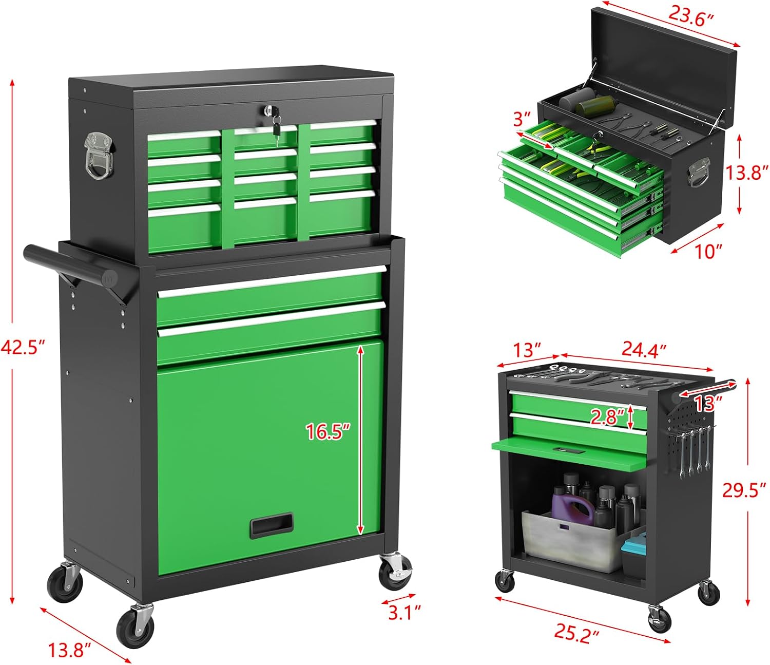 High Capacity Rolling Tool Boxes with Wheels and Drawers, 8-Drawer Storage Cabinet,Detachable Organizer Combo,Mobile Lockable Toolbox for Workshop Mechanics Garage (Blackgreen)