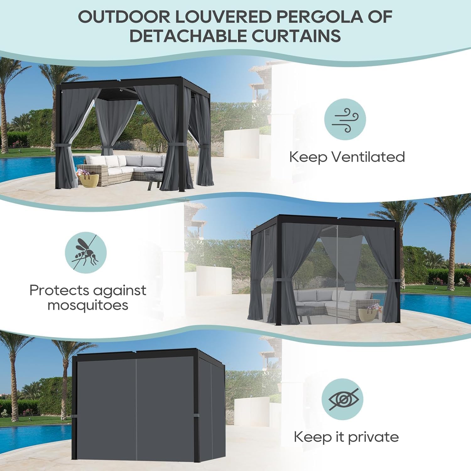 LVUYOYO 10' x 10' Louvered Pergola, Outdoor Pergola with Adjustable Roof, Aluminum Frame Metal Gazebo with Curtains and Netting for Patio, Backyard, Garden, Deck (Black)