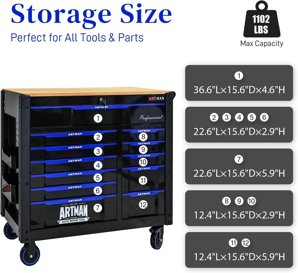 Heavy Duty Rolling Tool Chest with 12-Drawer Tool Cart Mechanic Tool Box with Wheels Tool Storage Cabinet Mobile Workbench Tool Bench for Garage, Workshop, Warehouse, Repair Shop, Wood Top