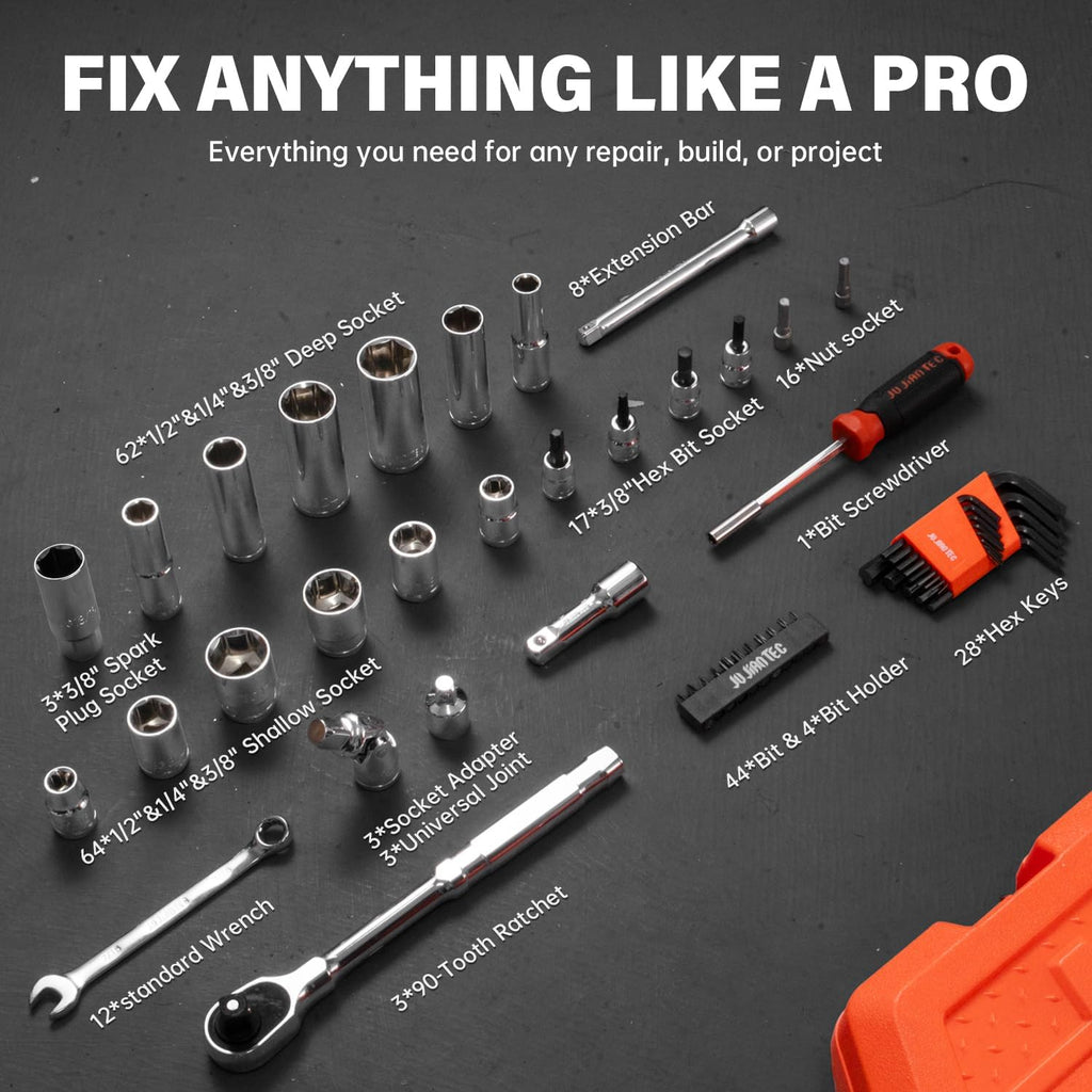 264-Piece Mechanics Tool Set, SAE & Metric Impact Socket Set, 1/2'', 1/4'', 3/8'' Drive, Deep & Shallow, CR-V Steel, with 90-Tooth Ratchet, Extension Bar, Universal Joint, with Molded Case