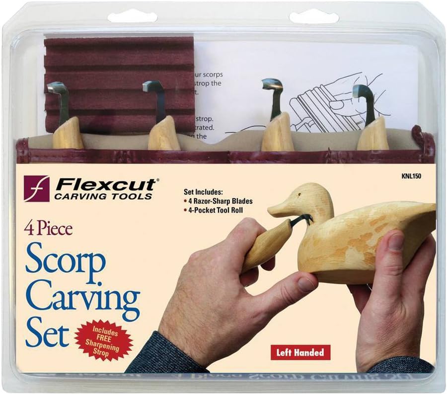 Flexcut Wood Carving Tools | Left-Handed Scorp Set of 4 Scorp Gouges | Includes Tool Roll and Strop | 1095 High Carbon Steel Blades | Ash Hardwood Handles | KNL150 | Made in the U.S.A.