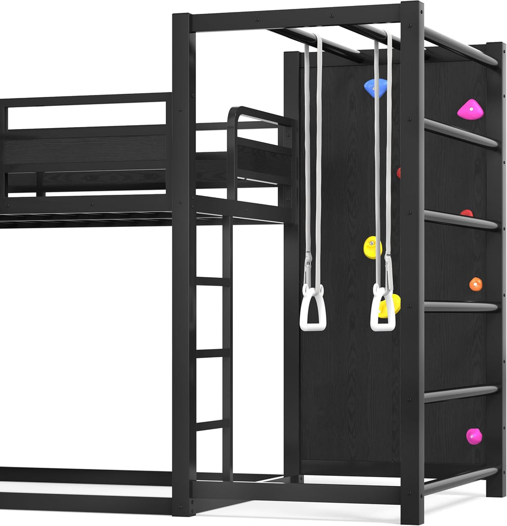 SOFTSEA Twin XL Metal Loft Bed with Slide & Basketball Hoop, Heavy Duty Bunk Bed with Storage Shelves, Climbing Wall & Pull Up Rings, Playful Basketball Slide Bed Frame, Black