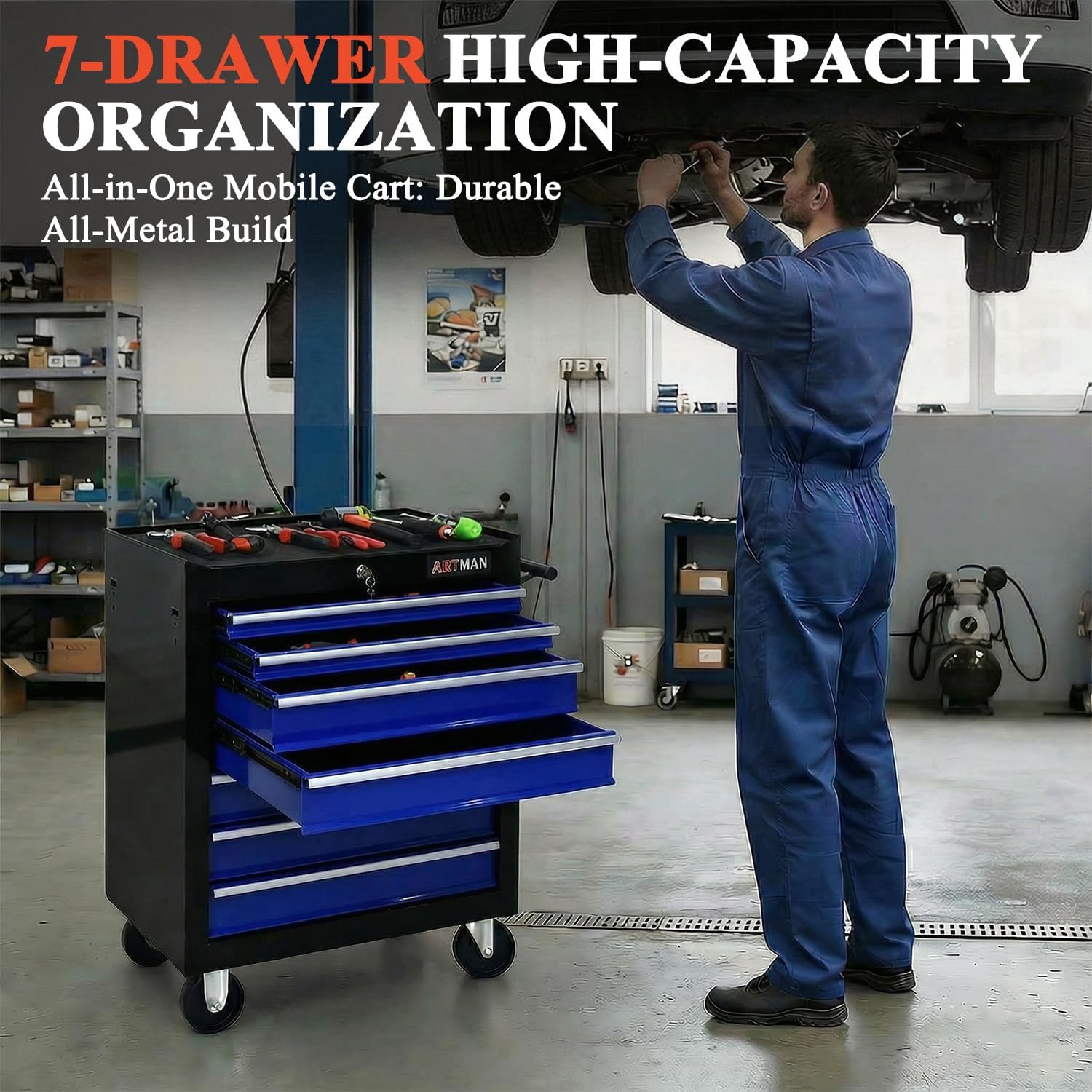 7 Drawers Tool Cart on Wheels,Multifunctional Rolling Tool Chest Tool Storage,Drawers Rolling Tool Trolley Organizer Tool Case for Garage,Warehouse,Workshop,Repair Shop (7 Drawers-Black&Blue)