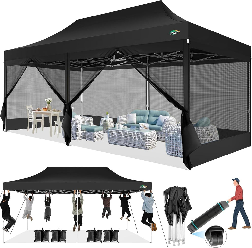 COBIZI 10x20 Heavy Duty Pop up Canopy with 6 Sidewalls, Canopy Tent with Mosquito Netting, Easy up Screen Party Tent for Parties Wedding Outdoor Patio Commercial Gazebo with Roller Bag, Black