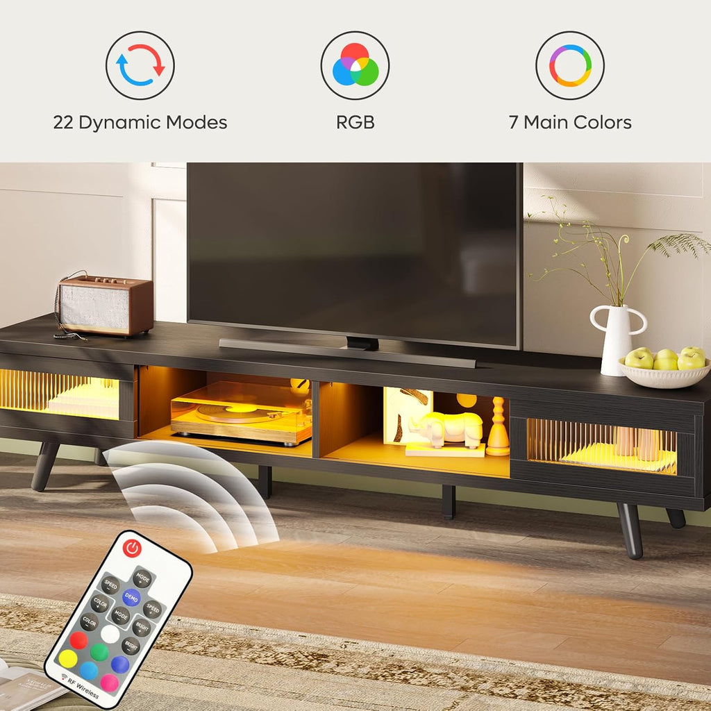 Bestier Mid Century Modern TV Stand for 75 inch TV, LED Entertainment Center with Storage and Sliding Doors, Low Profile TV Consoles for Living Room, Embossed Black