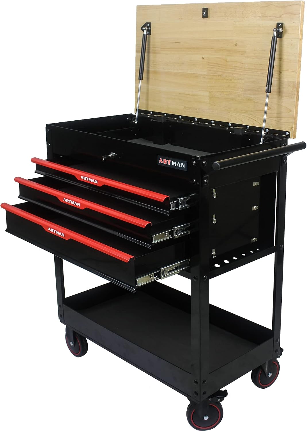 3 Drawers Tool Cart on Wheels,Tool Storage Box with Wooden Top,Drawers Rolling Tool Box Organizer Tool Case for Garage,Warehouse,Workshop,Repair Shop (3 Drawers-38.5'H-Black&Red)