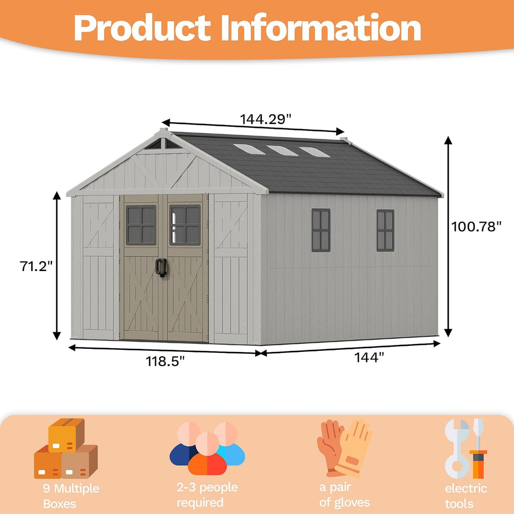 Devoko 10x12 FT Resin Outdoor Storage Shed with Floor, Outside Large Storage Shed for Patio Backyard Lawn, Beige