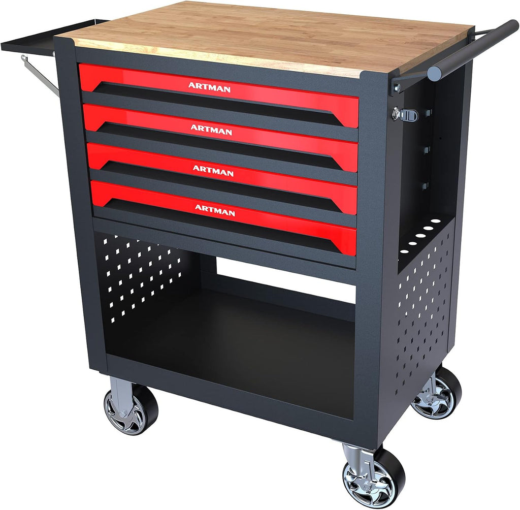 36' Tool Box with Wheels 4 Drawers Rolling Tool Cart, Wooden Top Workbench, 660lbs Total load Tool Cabinet with Locked Drawers Storage Organizer Cabinet for Garage, Warehouse, Repair Shop - Red