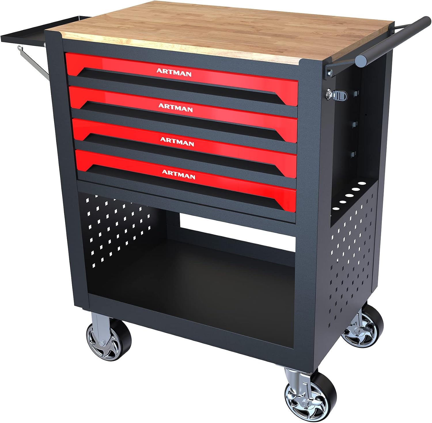36' Tool Box with Wheels 4 Drawers Rolling Tool Cart, Wooden Top Workbench, 660lbs Total load Tool Cabinet with Locked Drawers Storage Organizer Cabinet for Garage, Warehouse, Repair Shop - Red