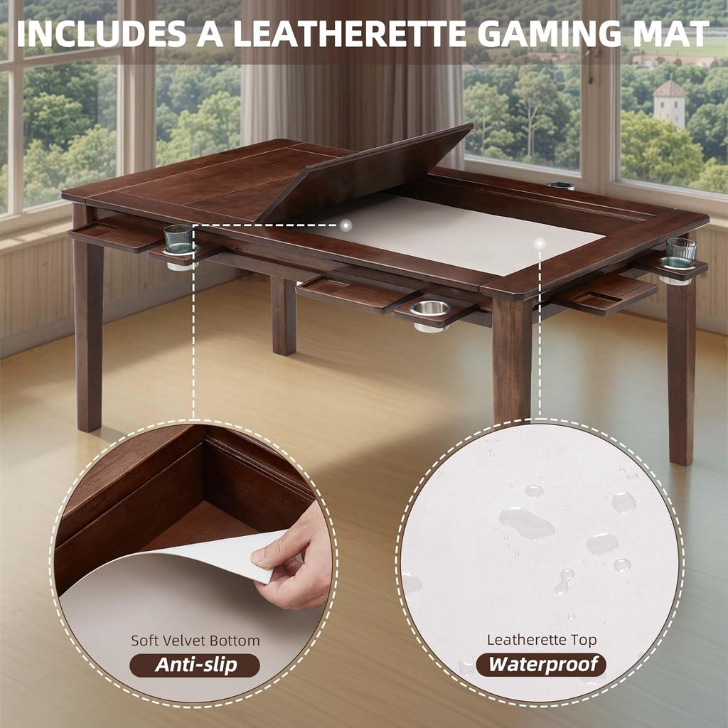 Coperat Solid Wood Board Game Table for 4-6 Players,Dining/Gaming Table w/ 54'x31' Big Gaming Space and Removable Top,Includes Game Mat, 6 Cup Holders & Hobby Tray, Warm Walnut